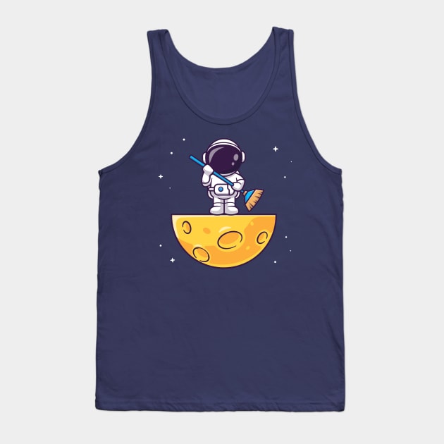 Cute Asronaut Holding Broom On Moon Cartoon Tank Top by Catalyst Labs